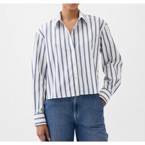 Gap Women's Button Up Blue Stripe Cotton Poplin Long Sleeve Shirt XL New